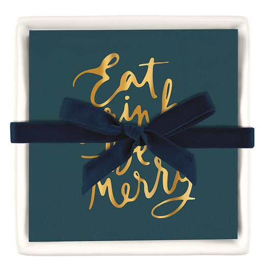 Ceramic Napkin Tray + Napkins - Eat Drink and be Merry