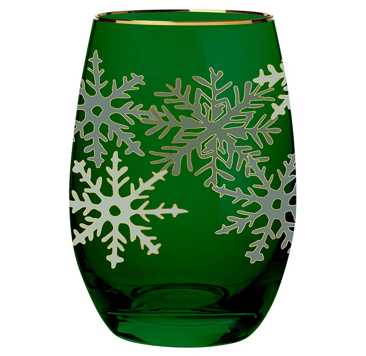 Gold Foil Stemless Wine Glass - Green Snowflakes