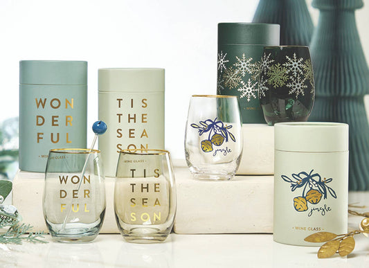 Gold Foil Stemless Wine Glass - Green Snowflakes